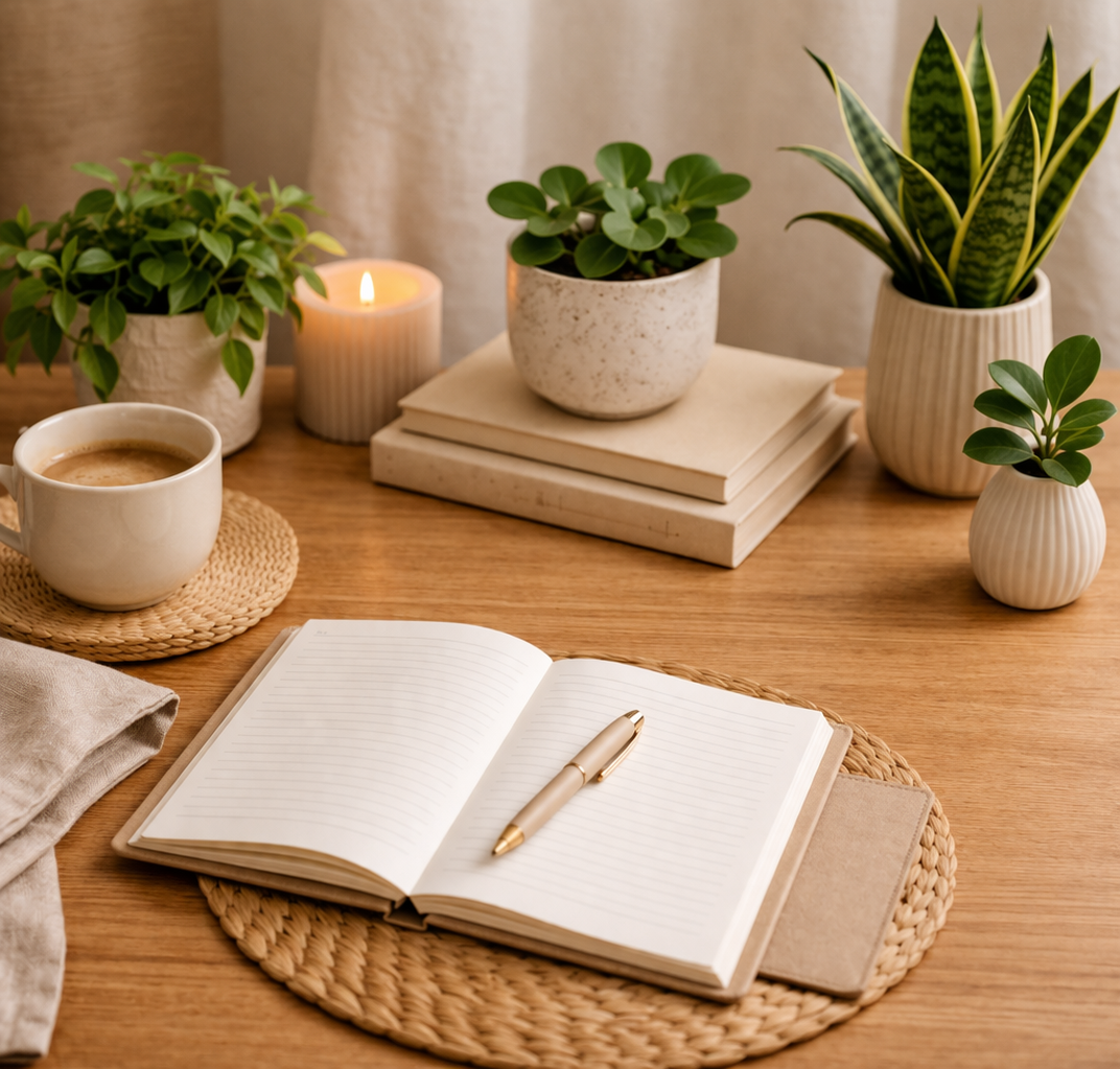Zen Office — rustige werkplek met planten, kaars en notitieboek
